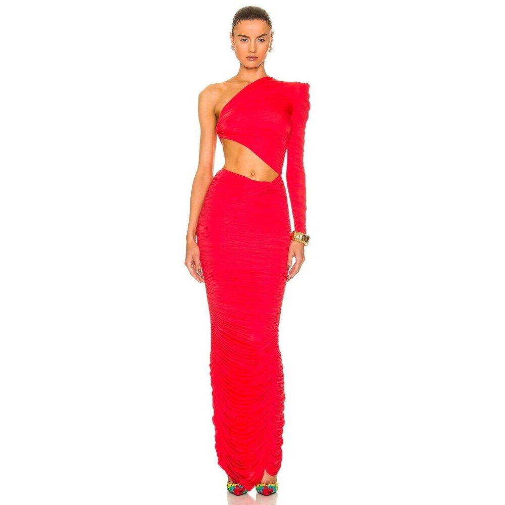 Alex Perry Channing Ruched One Shoulder Knot Column Dress Tangerine